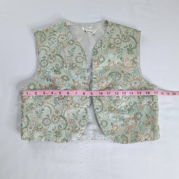 VTG Green Gold Embroidered Brocade Floral Vest Metallic 50s 60s Crop Length - Picture 5 of 6